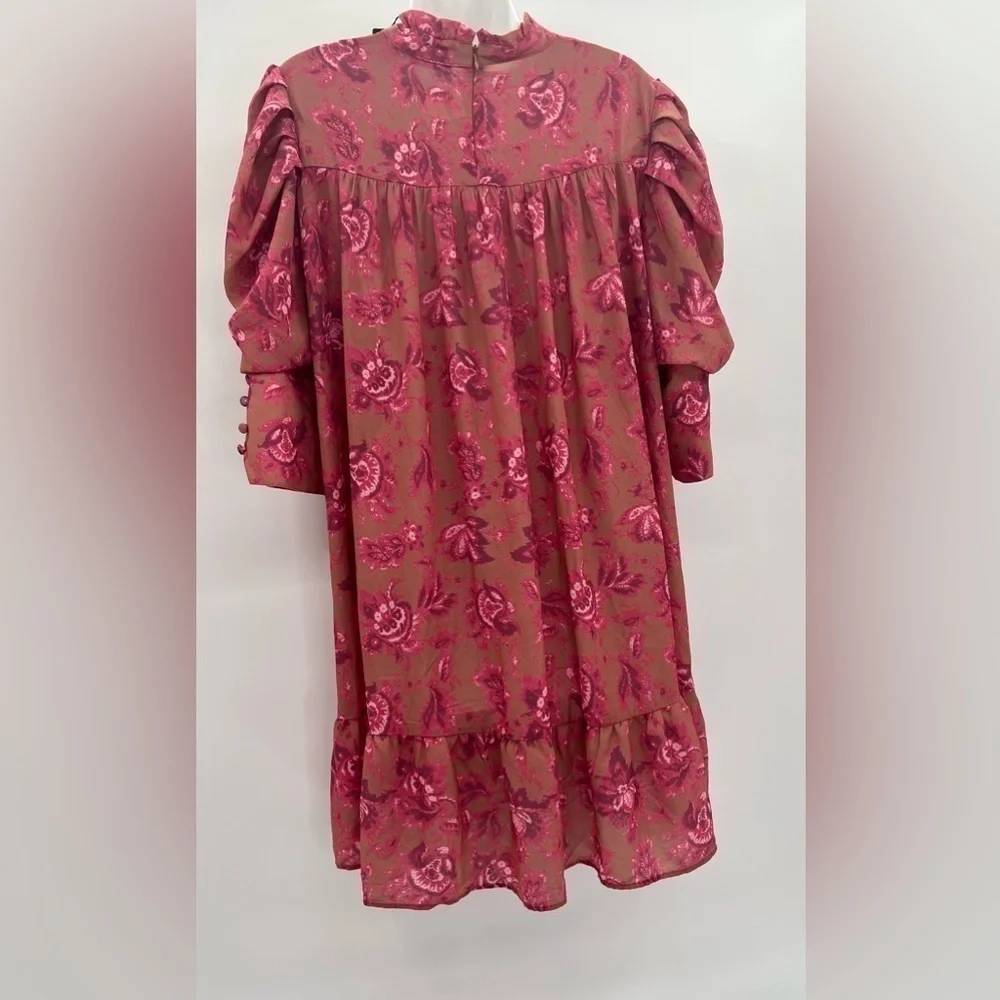 Boohoo Printed Puff Sleeve Ruffle Neck Smock Dress | Size 14 (XL) NWT